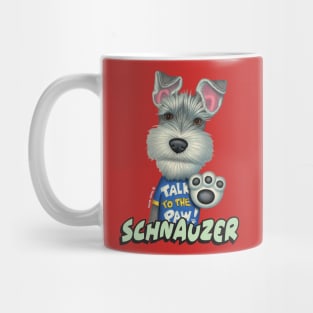 Cute Schnauzer Dog posing with talk to the paw on Schnauzer Wearing Blue Top Mug